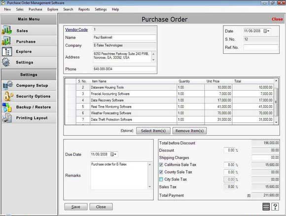 Screenshot of Purchase Order Tracking Software