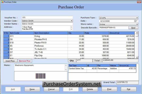 Screenshot of Accounting Software with Barcode