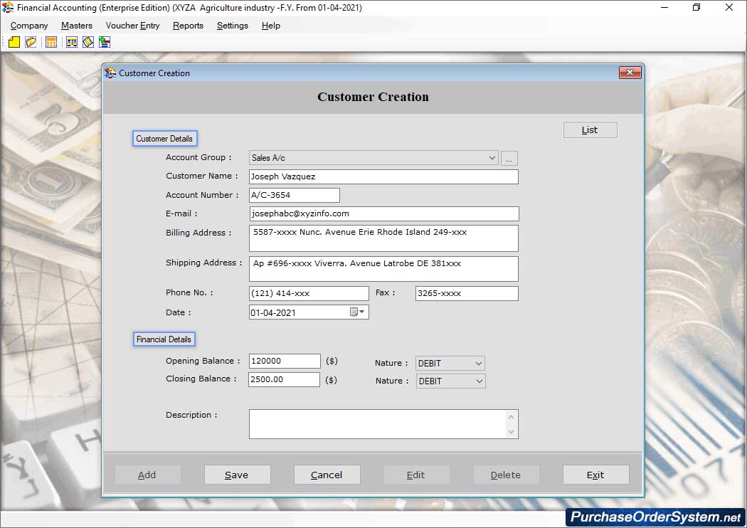 Financial accounting Software (Enterprise Edition) Customer Creation