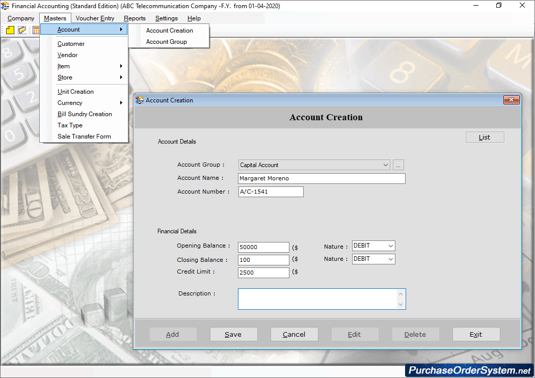 Financial Accounting software (Standard Edition) Account Creation