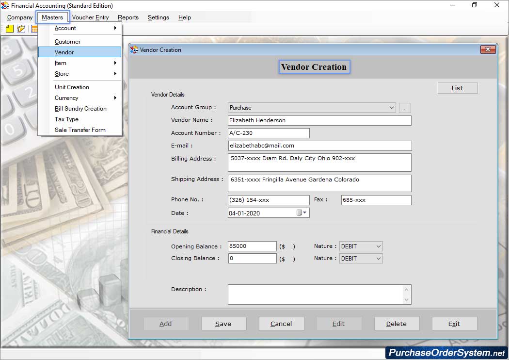 Financial Accounting software (Standard Edition) Vendor Creation Account